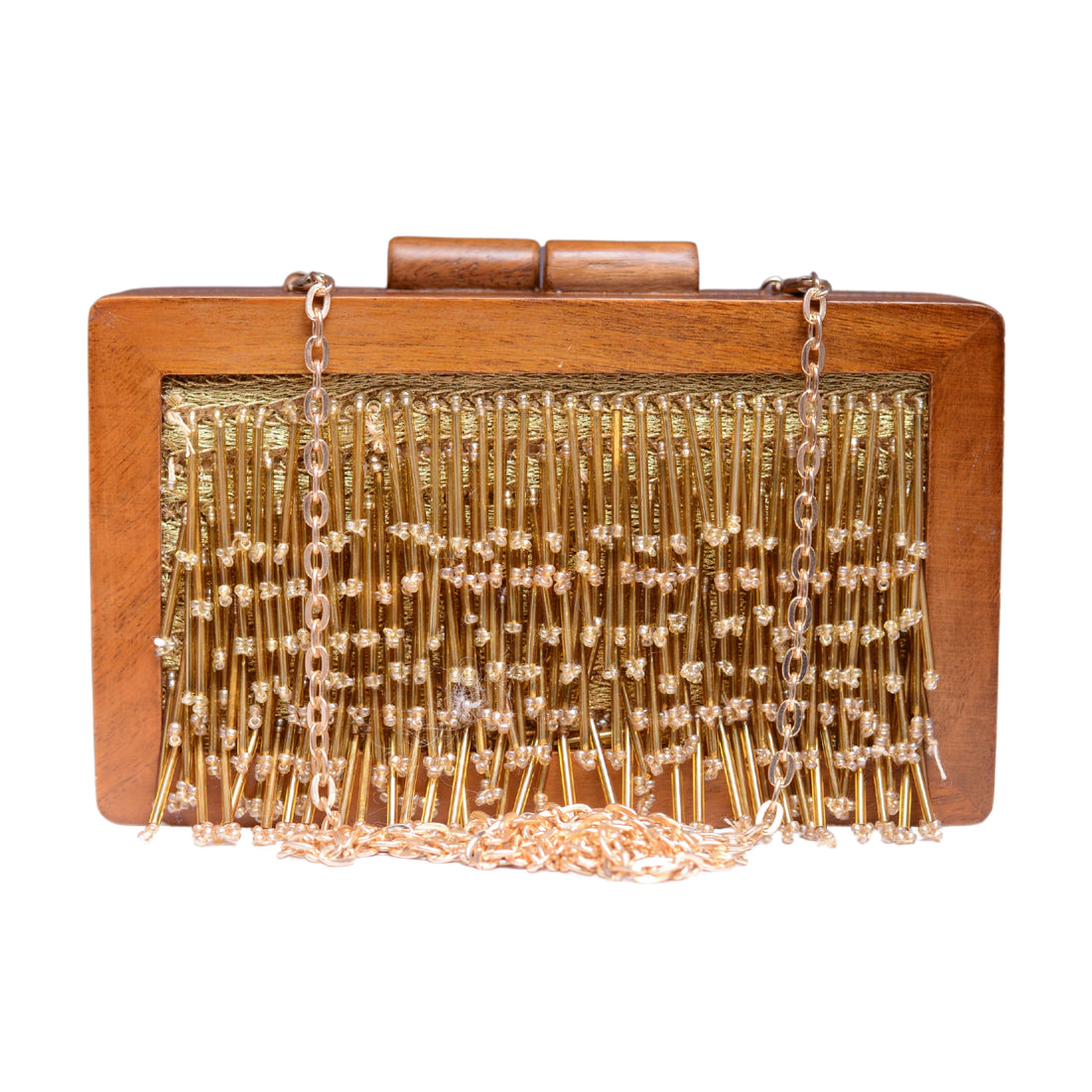 Golden Tassel Embellished Wooden Clutch