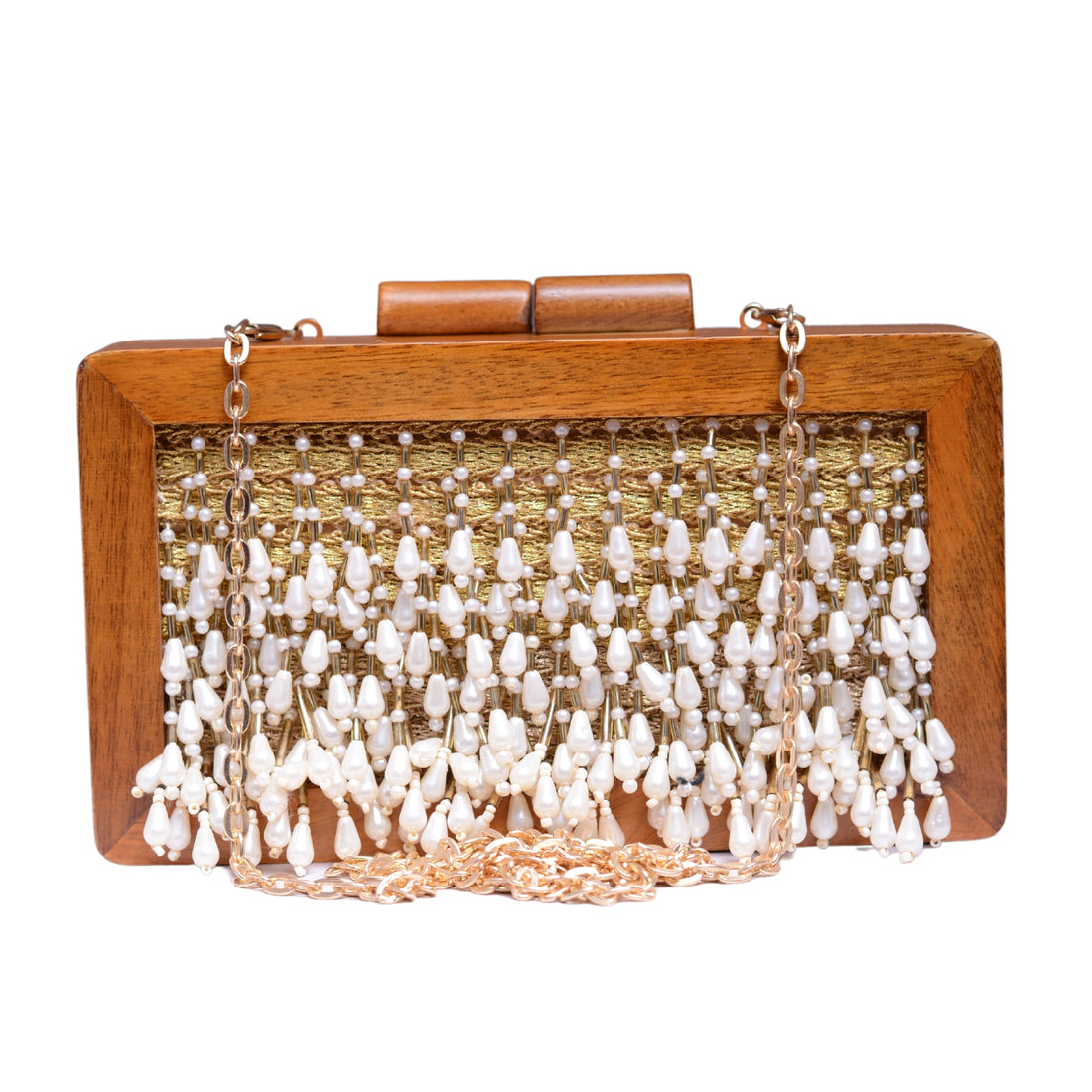 White Pearl Tassel Embellished Wooden Clutch