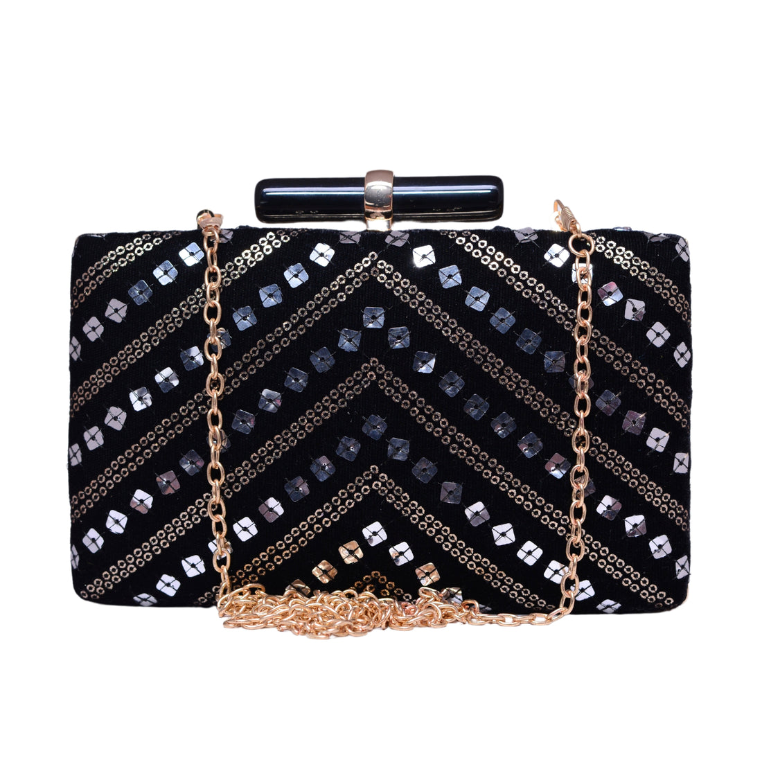 Black Zigzag Sequins Embroidery Party Clutch