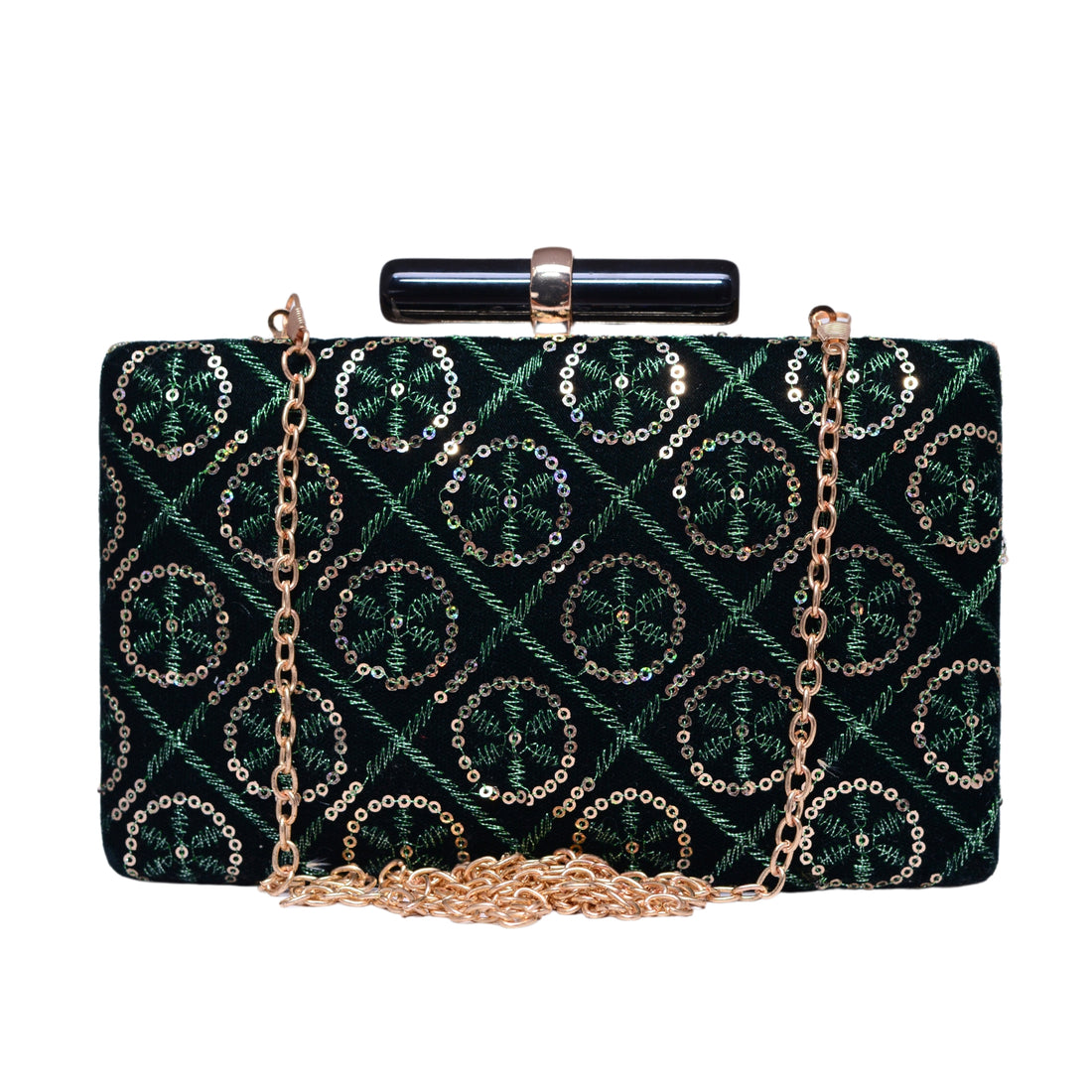 Green And Golden Sequins Embroidery Party Clutch