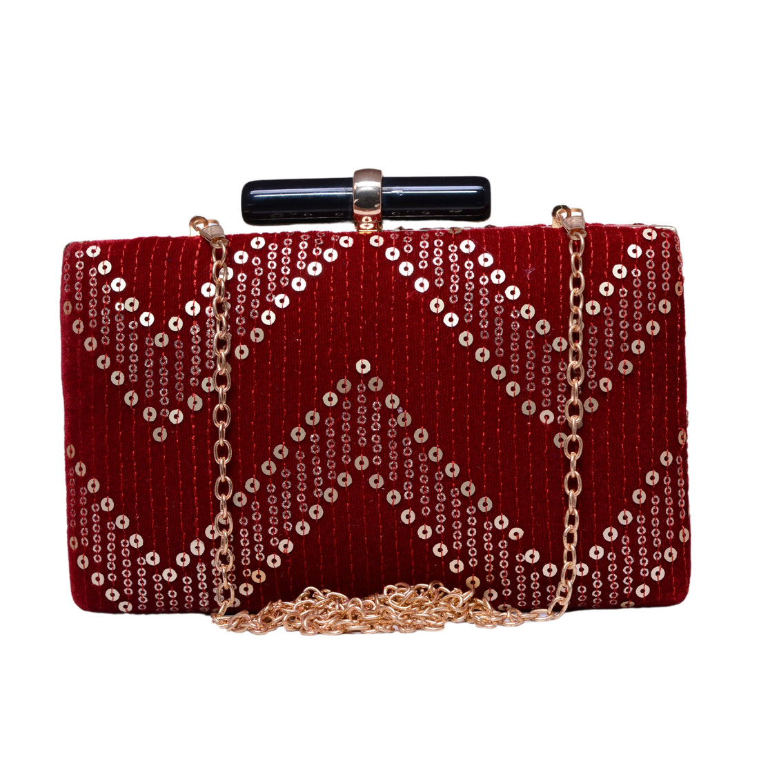 Maroon Zigzag Sequins Embroidery Party Clutch