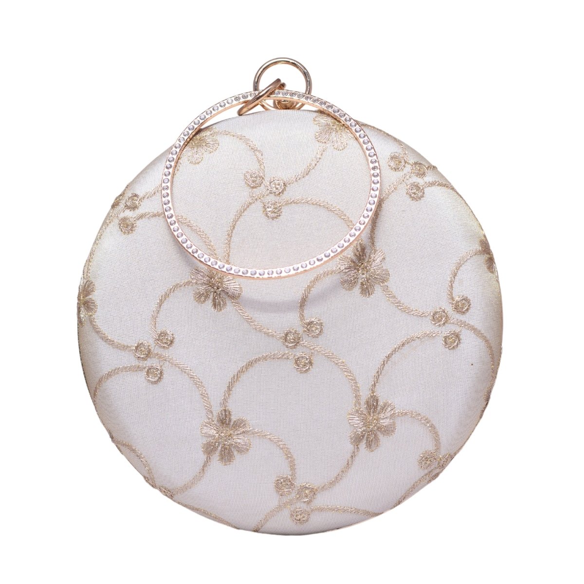 White And Beige Thread Embroidery Fabric Clutch