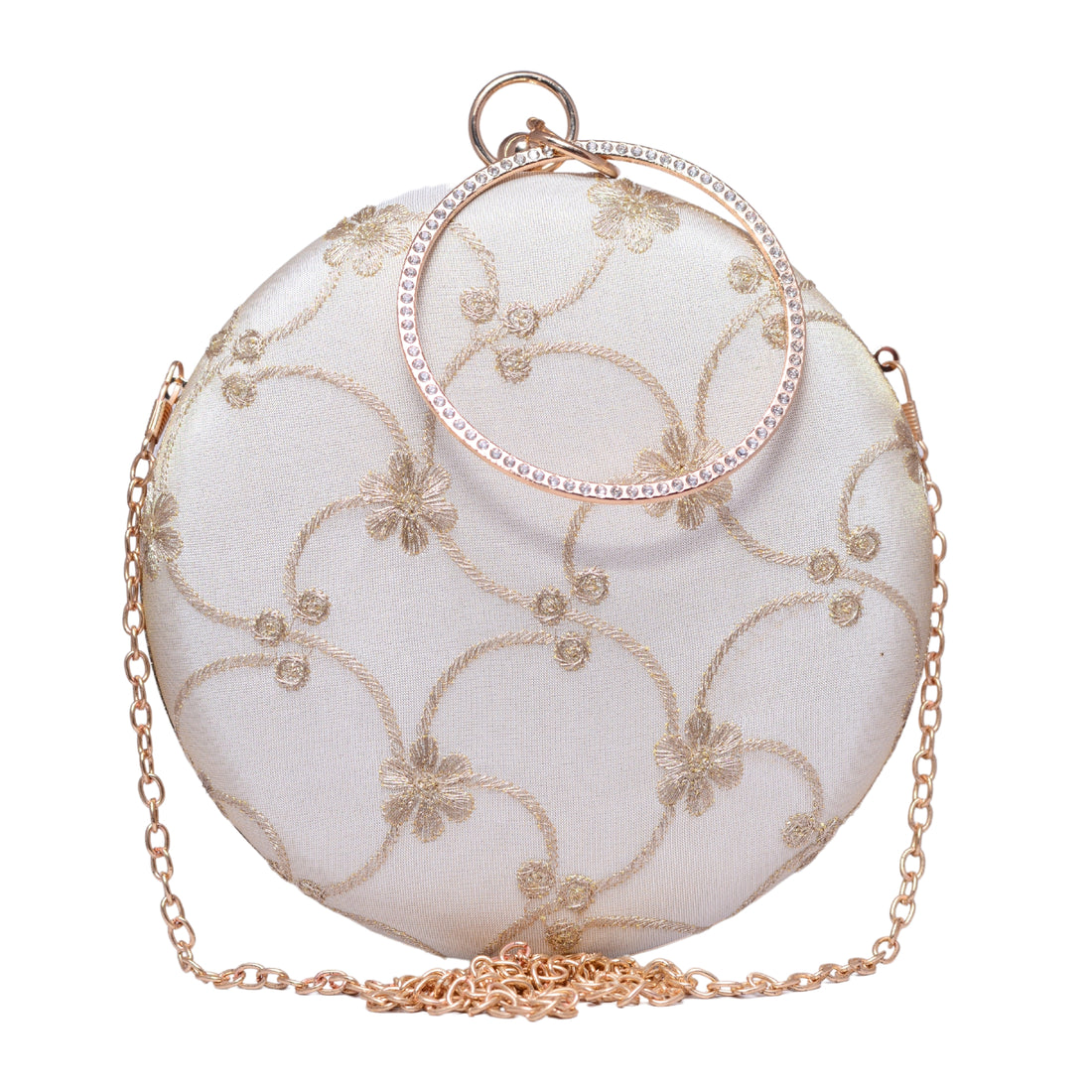 White And Beige Thread Embroidery Fabric Clutch