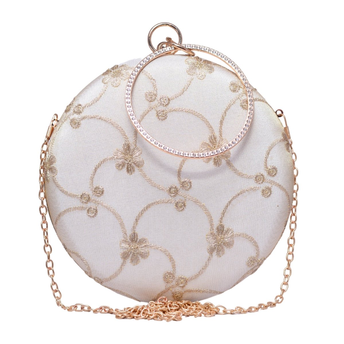 White And Beige Thread Embroidery Fabric Clutch
