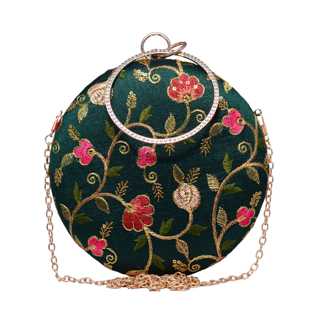 Green Floral Thread Embroidery Fabric Clutch