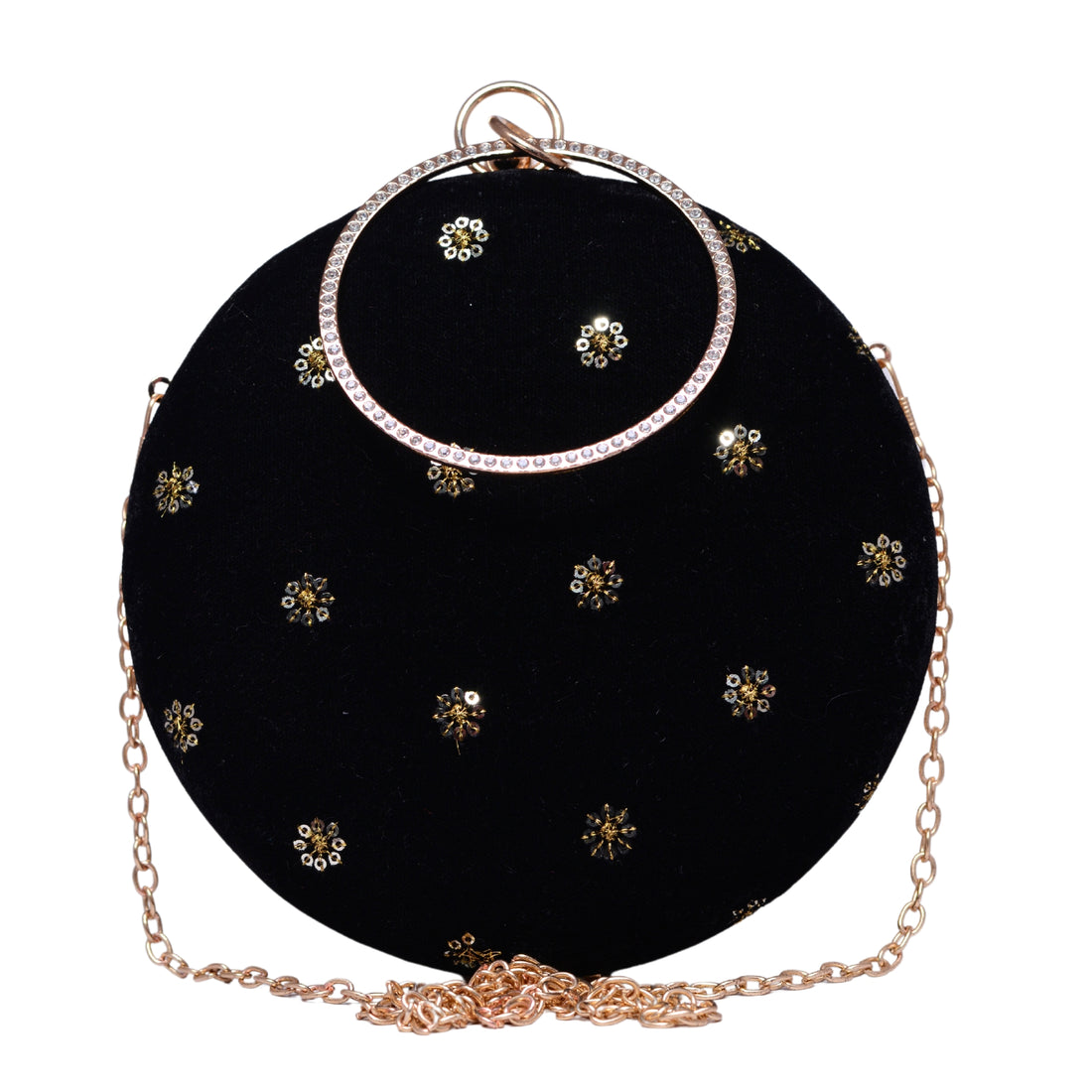 Black Sequins Embroidery Fabric Round Clutch