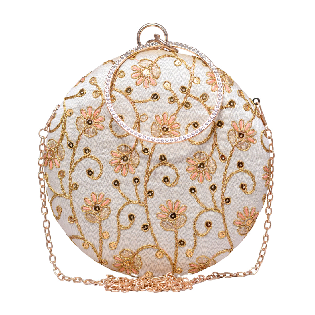 Off White Floral Embroidery Round Clutch