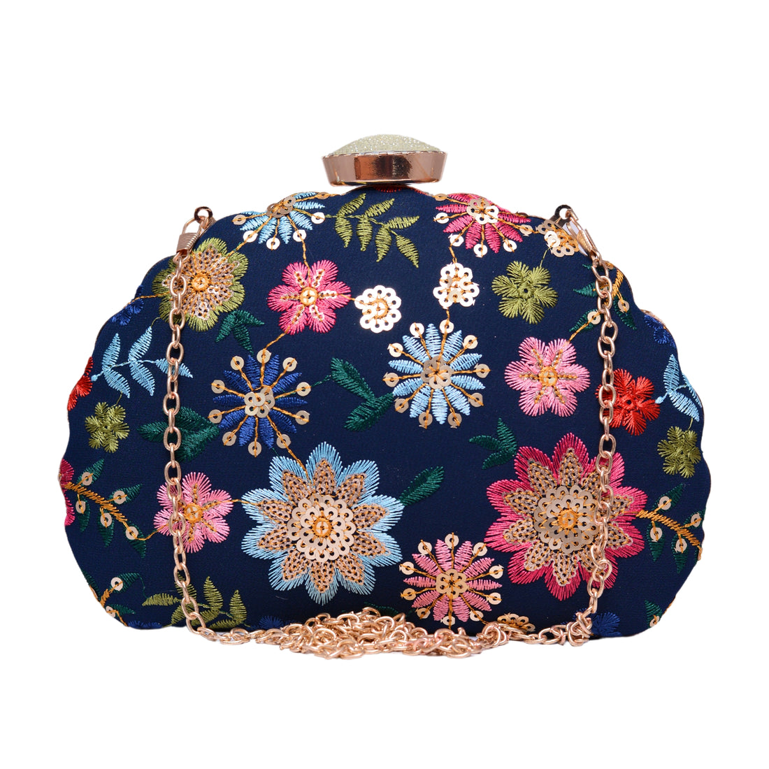 Blue Floral Sequins Embroidery Party Clutch