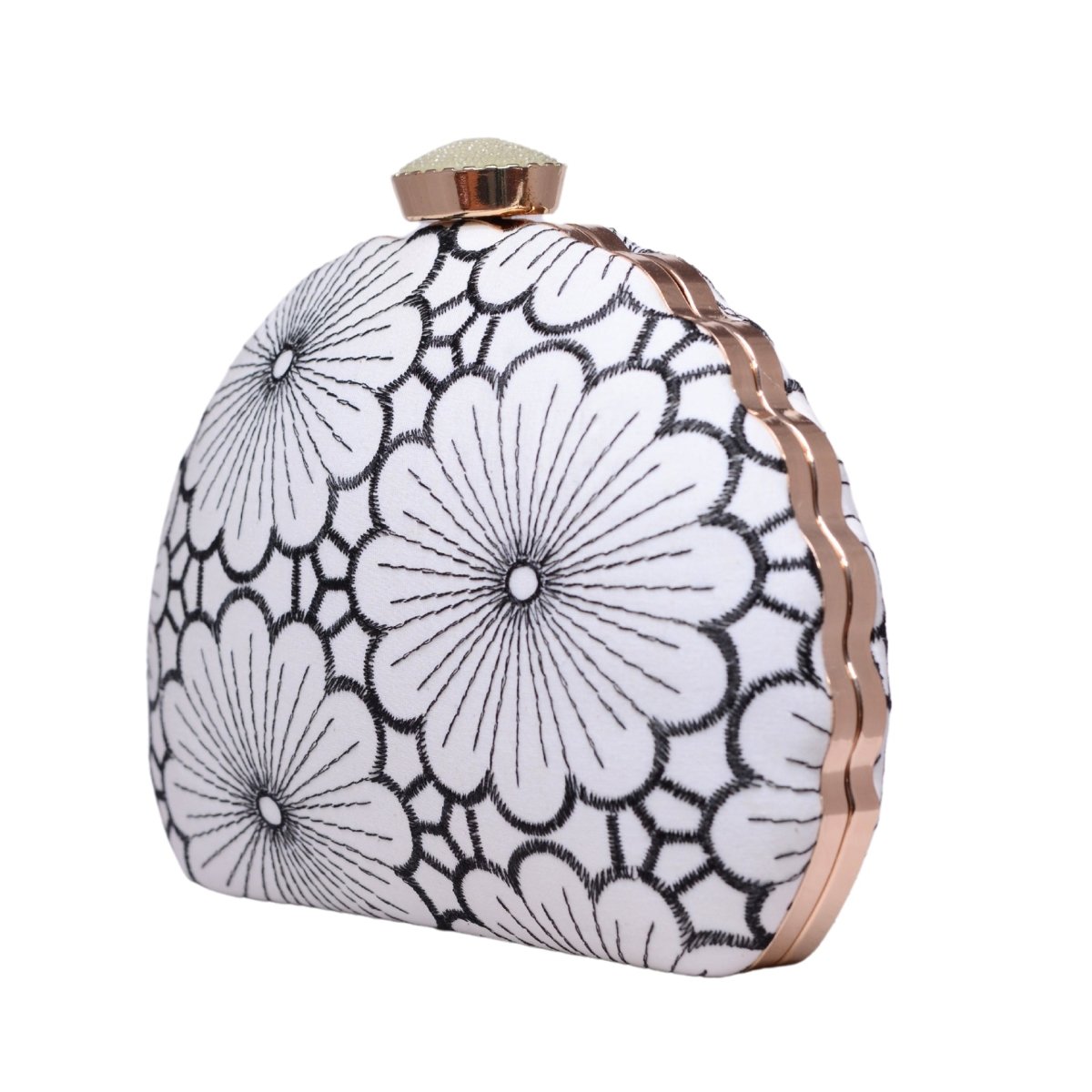 White And Grey Floral Embroidery Fabric Clutch