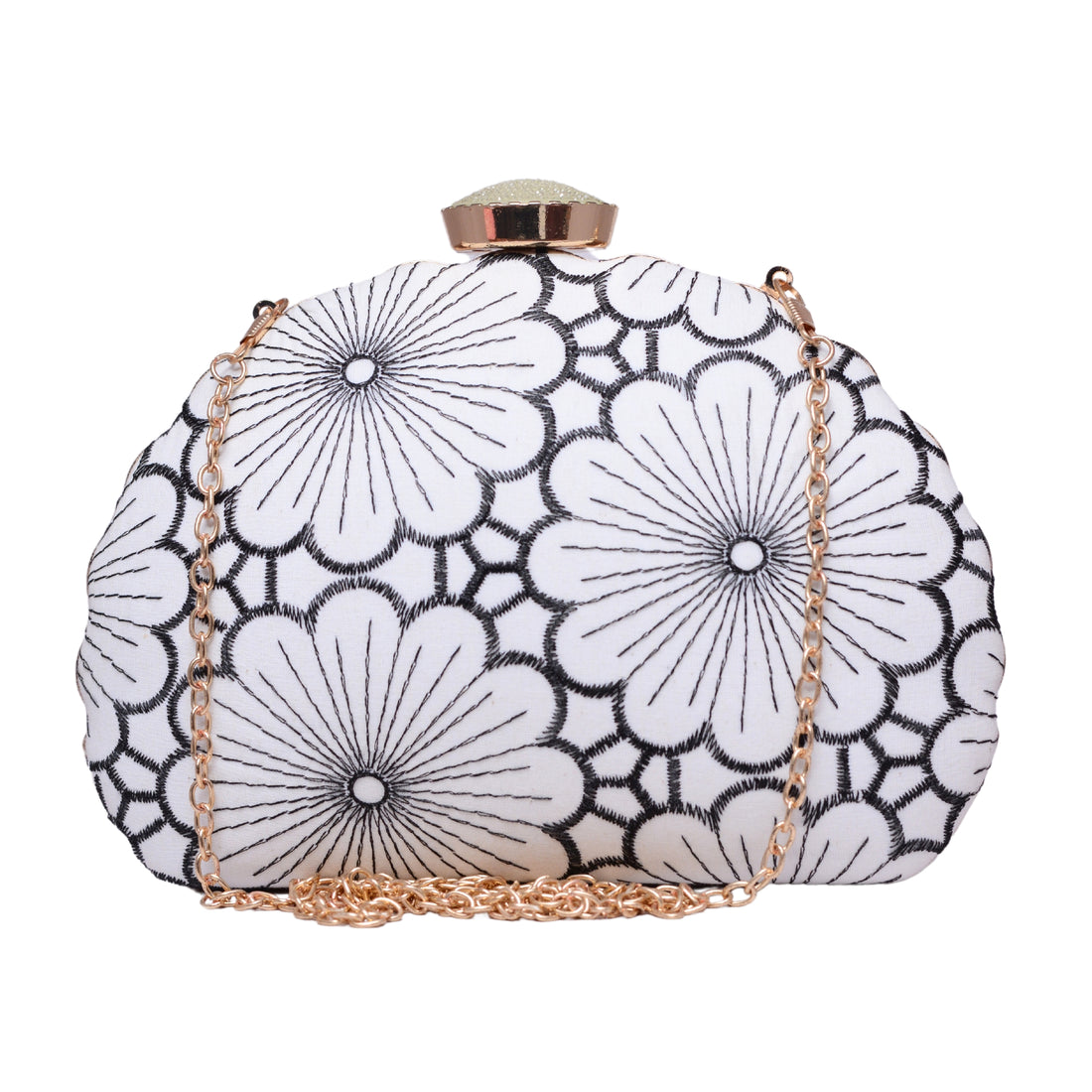 White And Grey Floral Embroidery Fabric Clutch