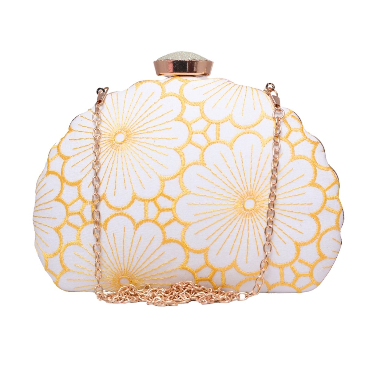 White And Yellow Floral Embroidery Party Clutch