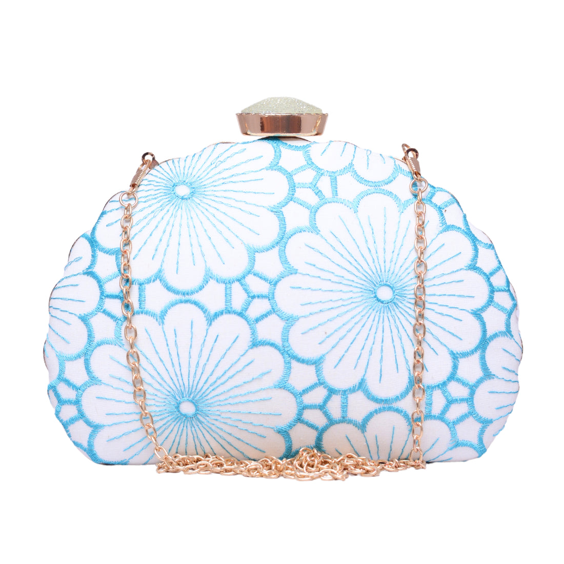 White And Blue Floral Threadwork Fabric Clutch