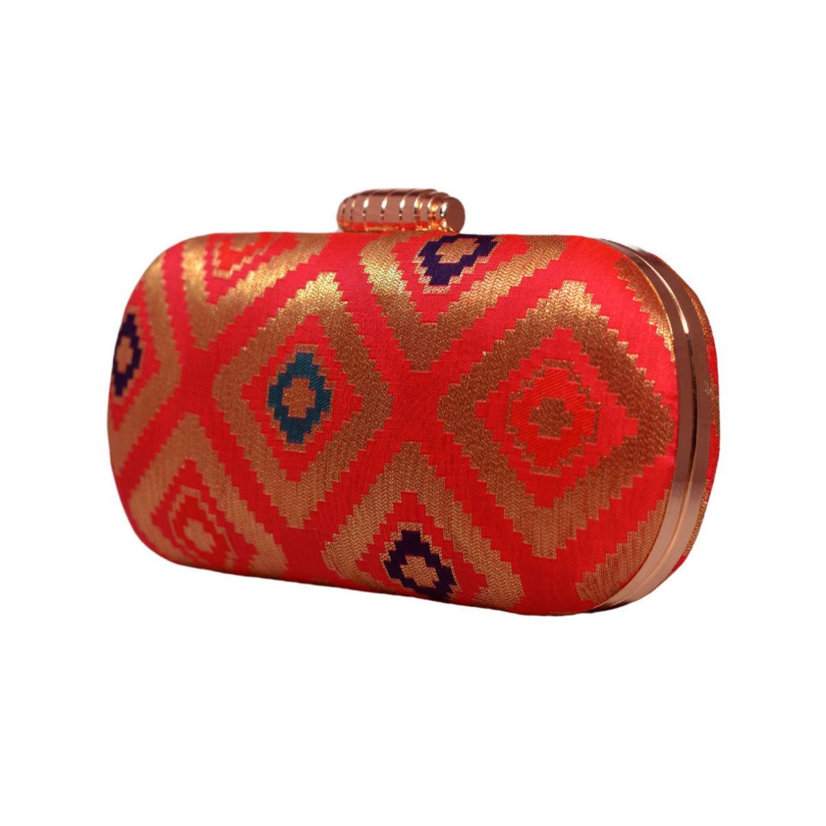 Red And Golden Brocade Fabric Clutch