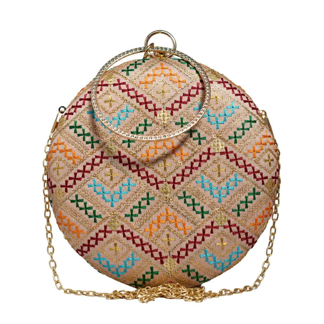 Beige Multicolor Embroidery Round Clutch