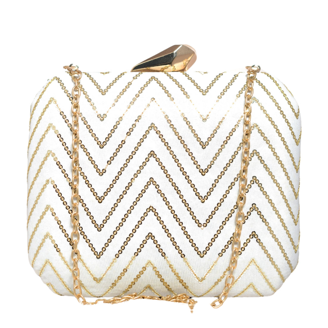 White Sequins Zigzag Embroidery Clutch