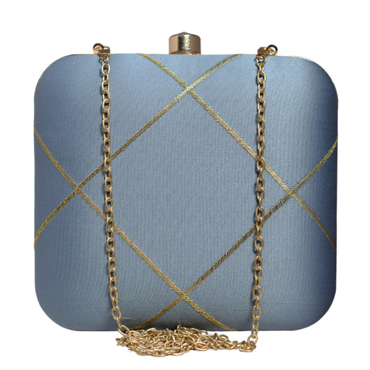 Grey And Golden Checks Embroidery Clutch