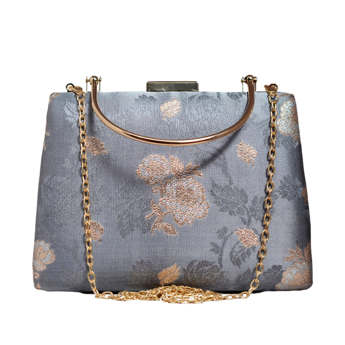 Grey And Golden Floral Brocade Fabric Clutch