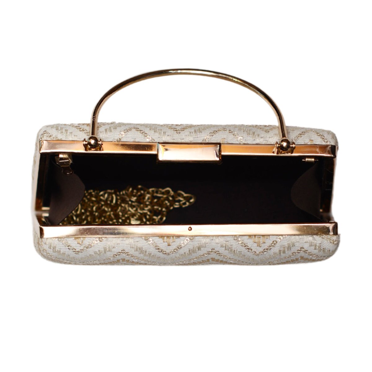 White And Golden Zigzag Embroidery Clutch