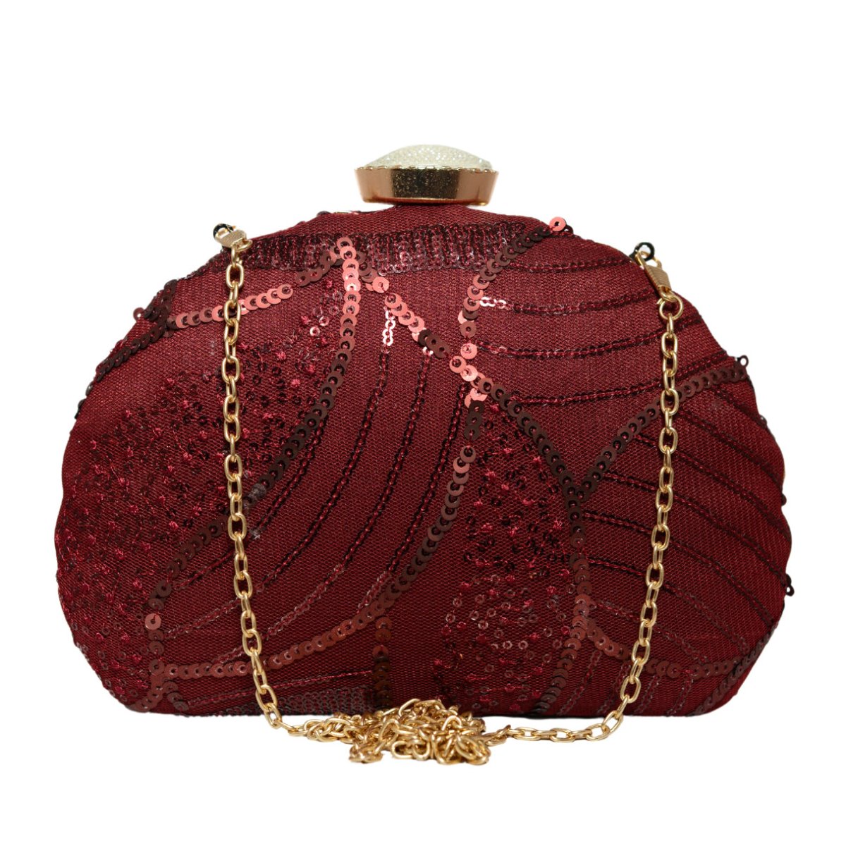 Maroon Sequins Embroidery Half Moon Clutch