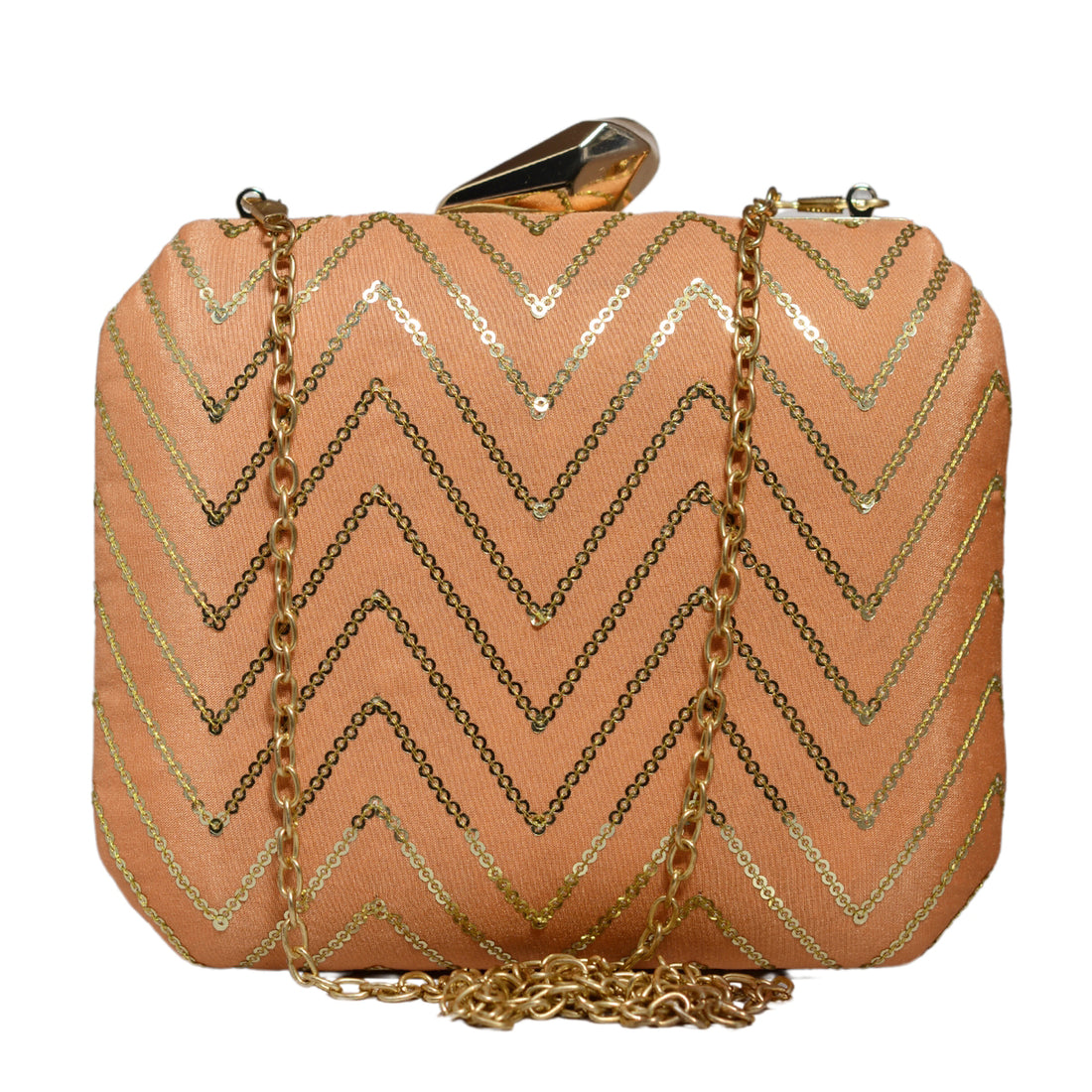 Peach Sequins Zigzag Embroidery Clutch