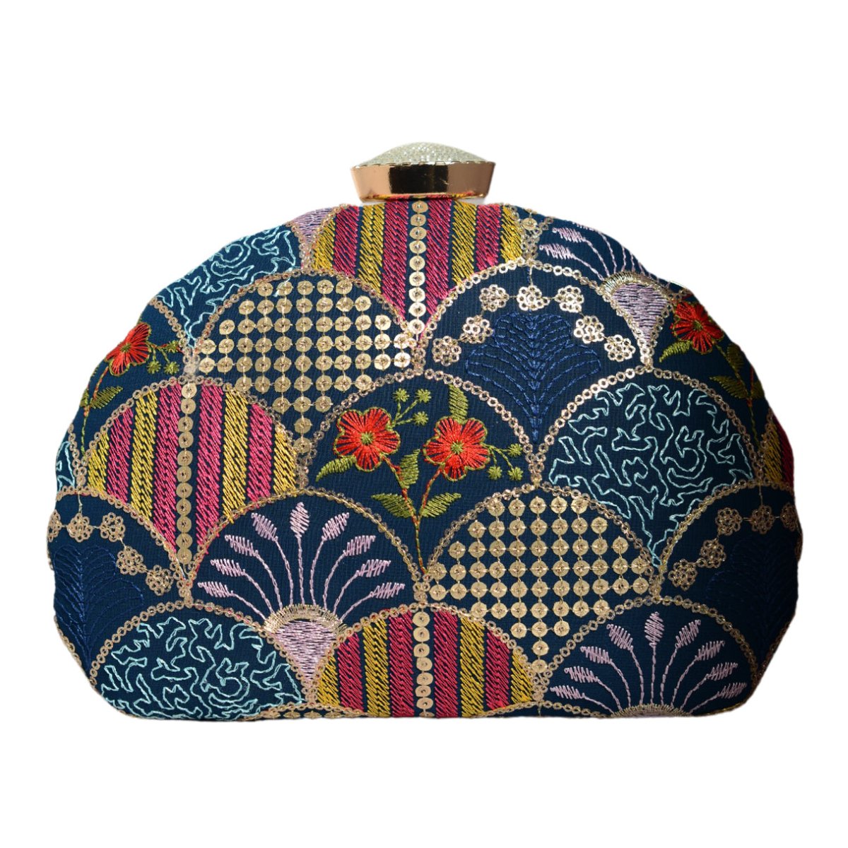 Blue Sequins Embroidery Half Moon Clutch