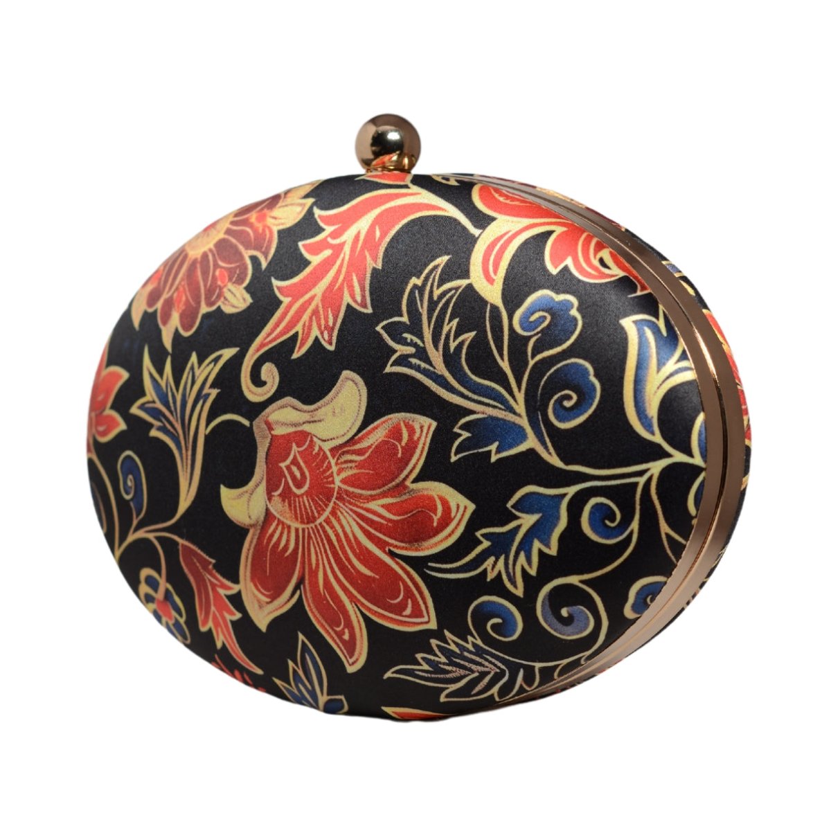 Red And Golden Floral Printed Oval Clutch