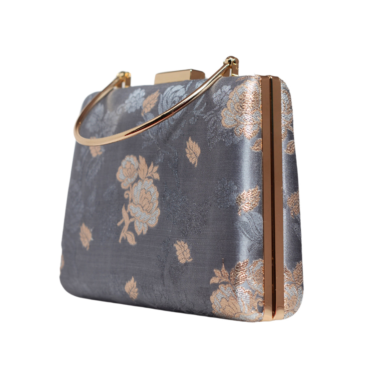 Grey And Golden Floral Brocade Fabric Clutch