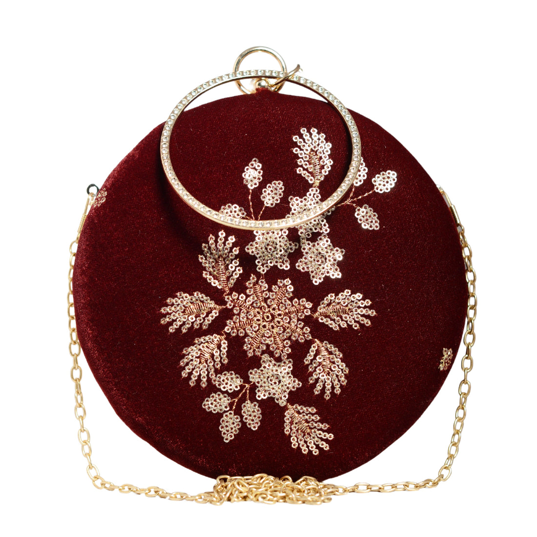 Maroon Floral Sequins Embroidery Round Clutch