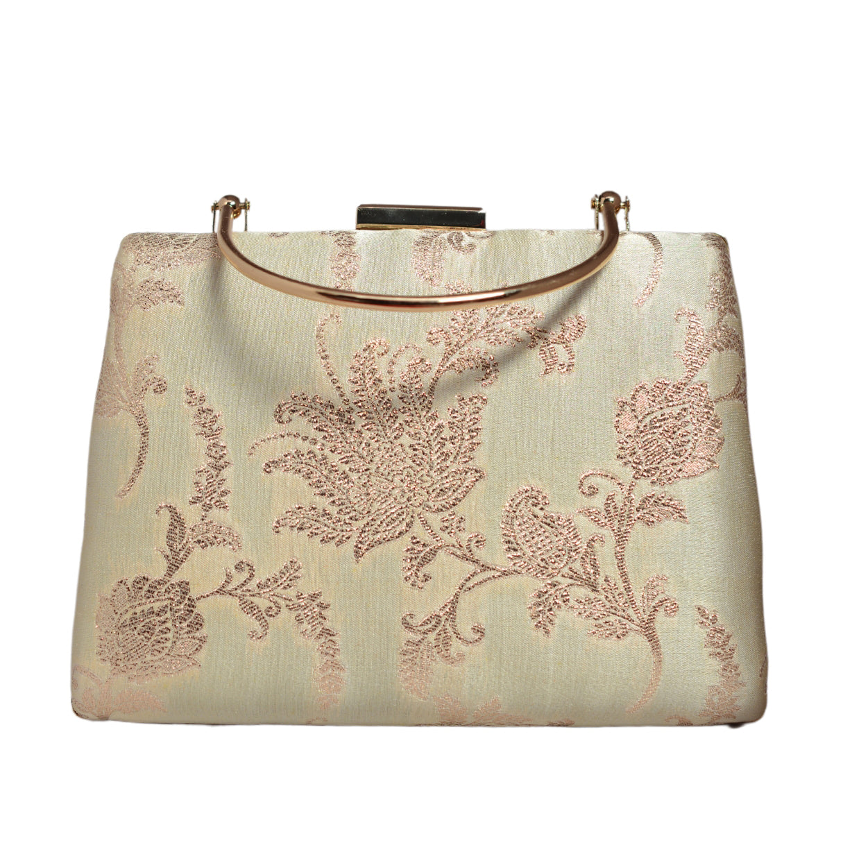 Beige And Golden Floral Brocade Fabric Clutch