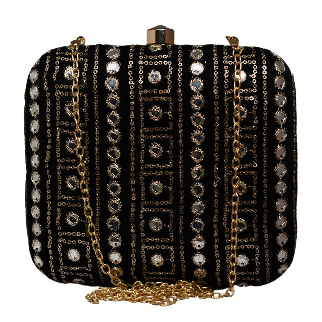Black Mirror Sequins Embroidery Clutch
