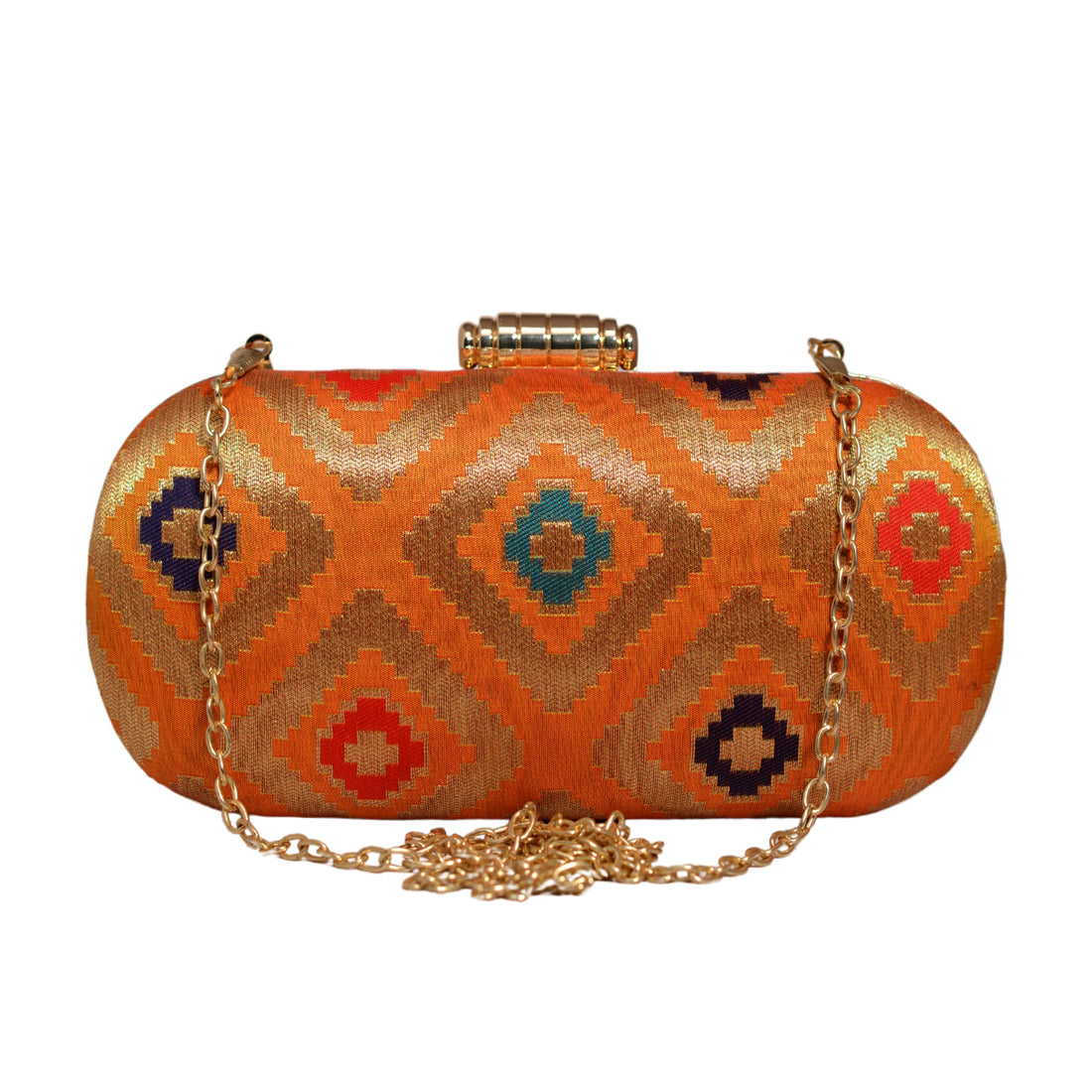 Orange And Golden Brocade Fabric Clutch