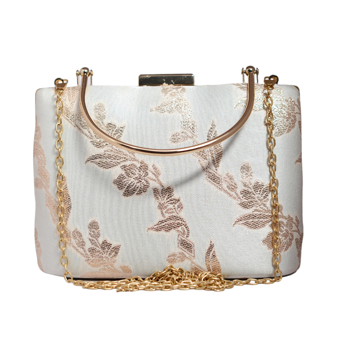 White And Golden Floral Brocade Party Clutch