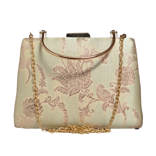 Beige And Golden Floral Brocade Fabric Clutch