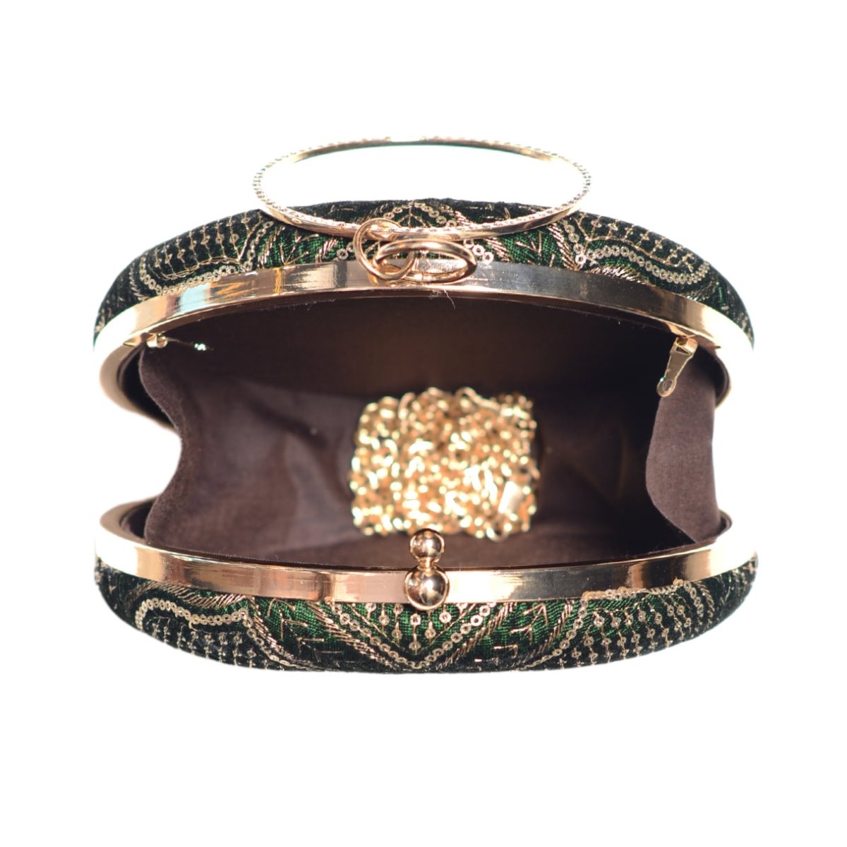 Green And Golden Sequins Embroidery Round Clutch