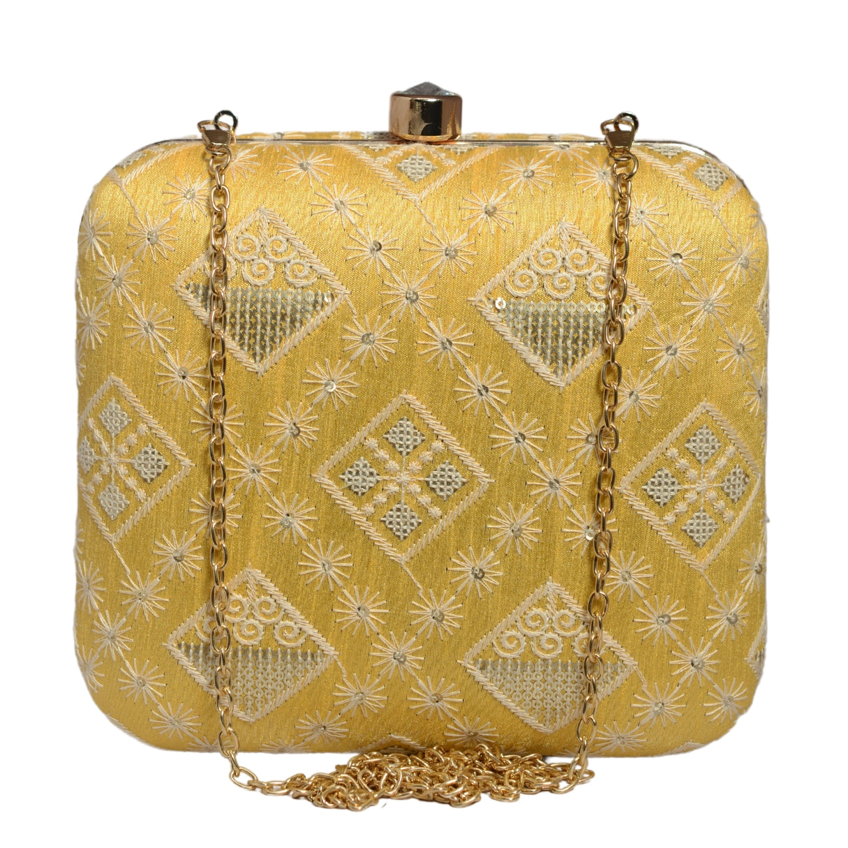 Yellow Threadwork And Sequins Embroidery Clutch