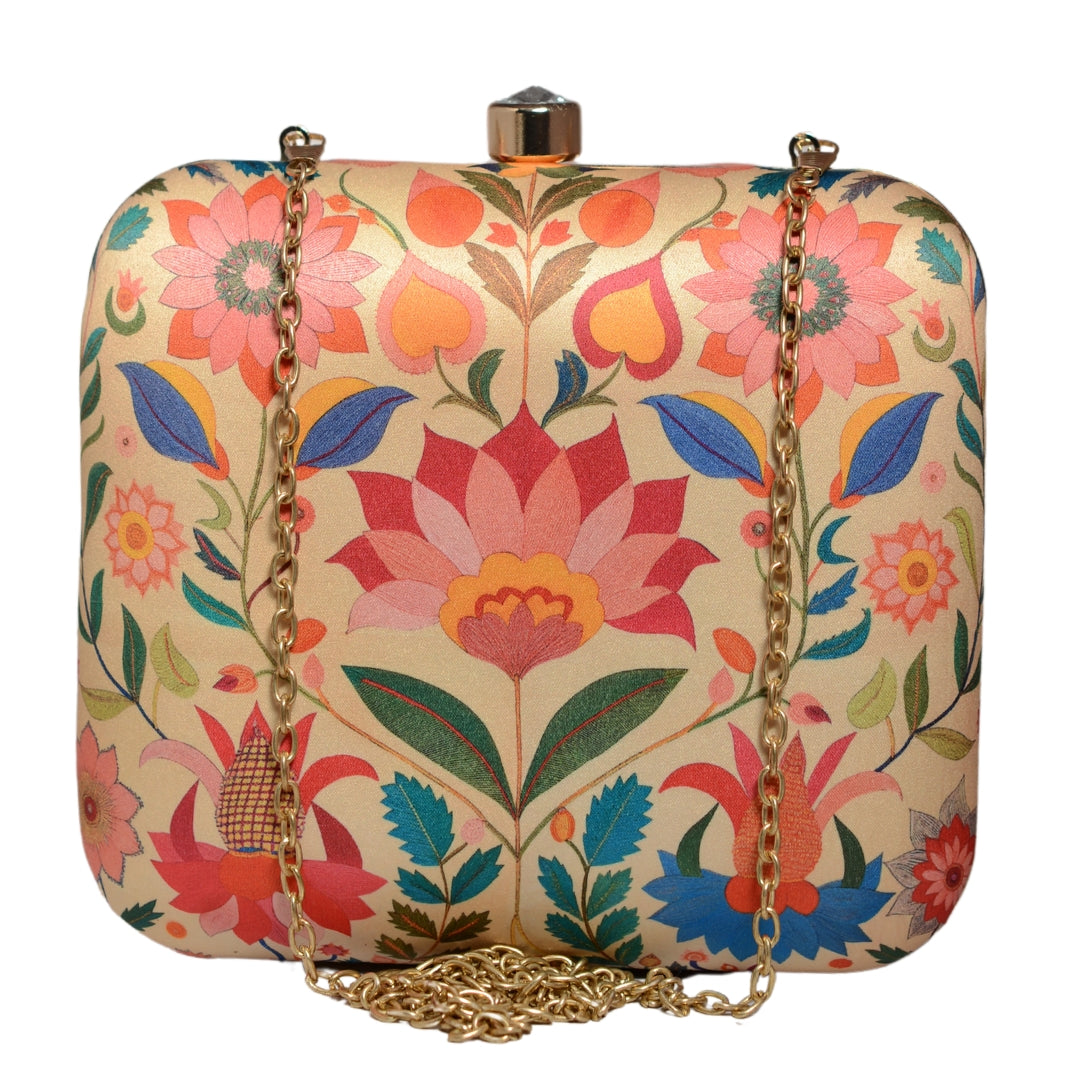 Beige Based Floral Printed Clutch