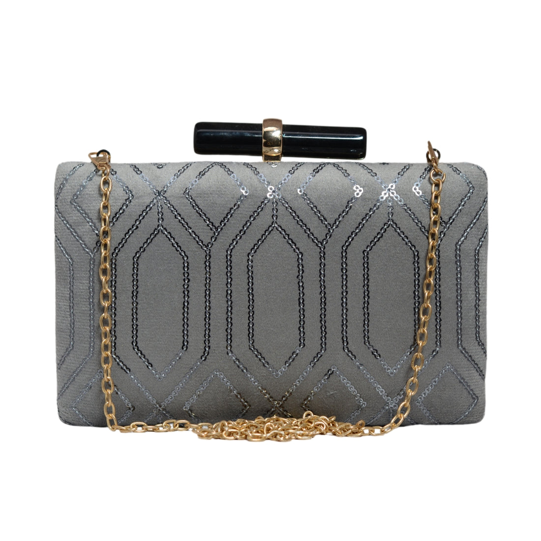 Grey Box Pattern Sequins Embroidery Clutch