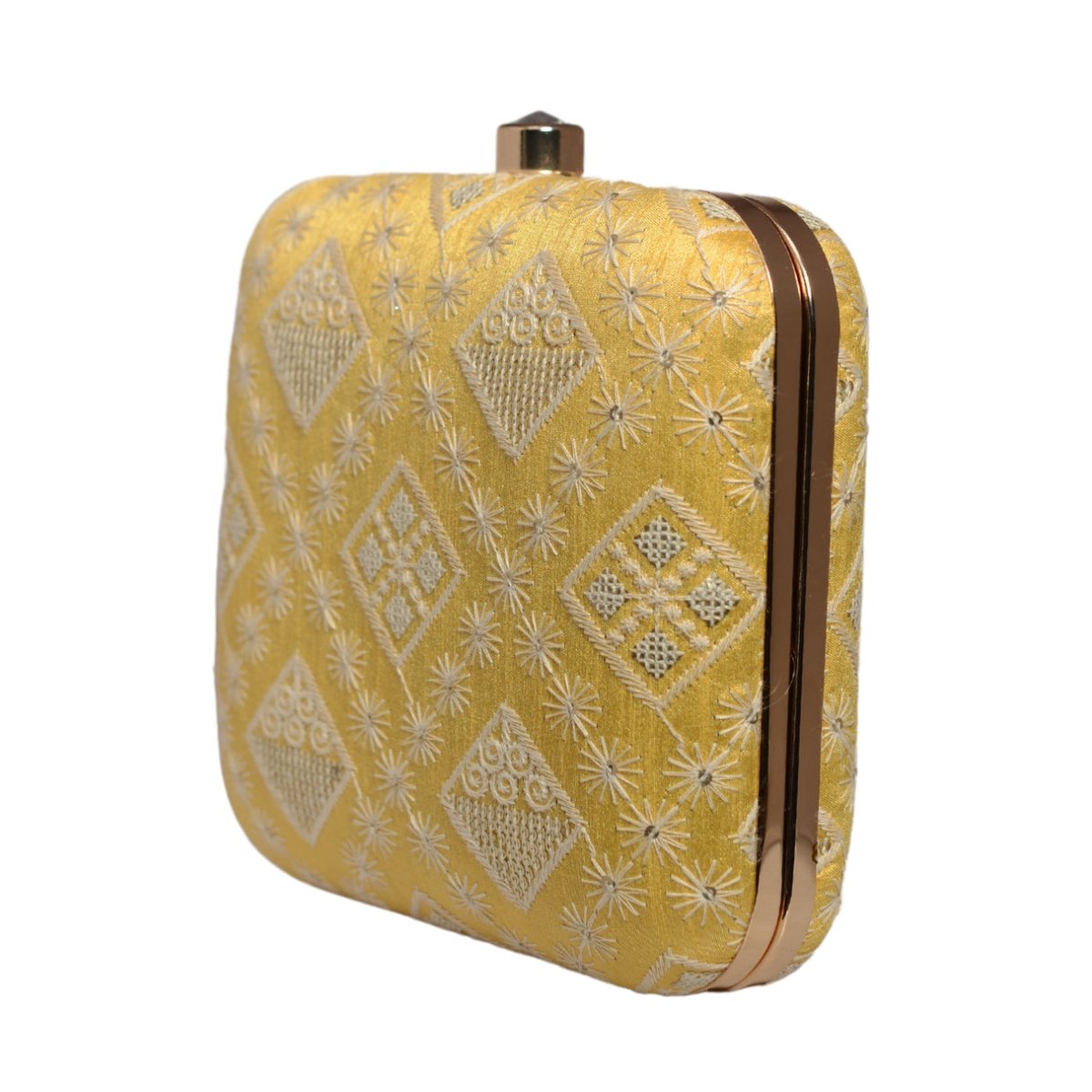 Yellow Threadwork And Sequins Embroidery Clutch