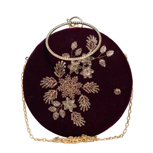 Wine Floral Sequins Embroidery Round Clutch