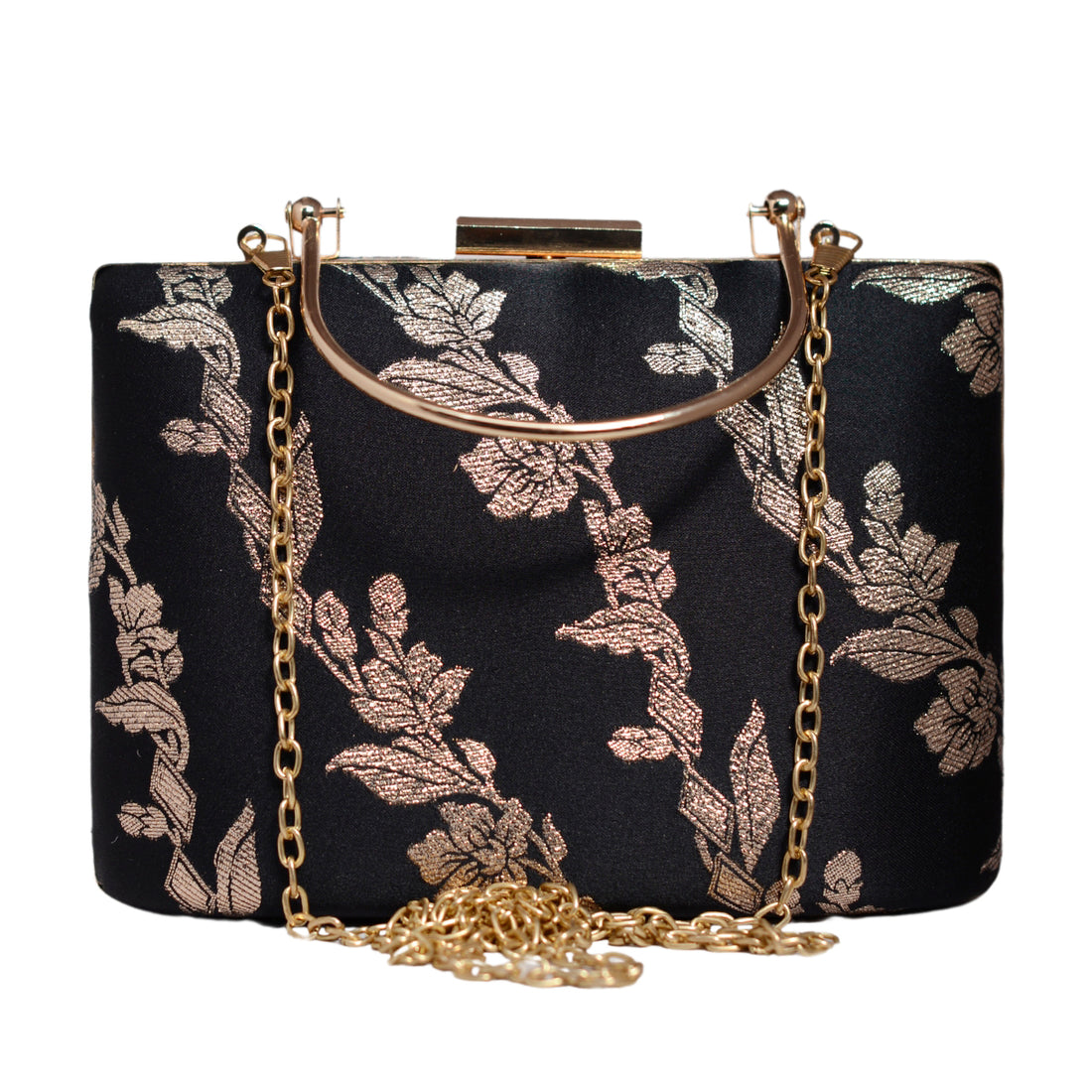 Black And Golden Floral Brocade Party Clutch