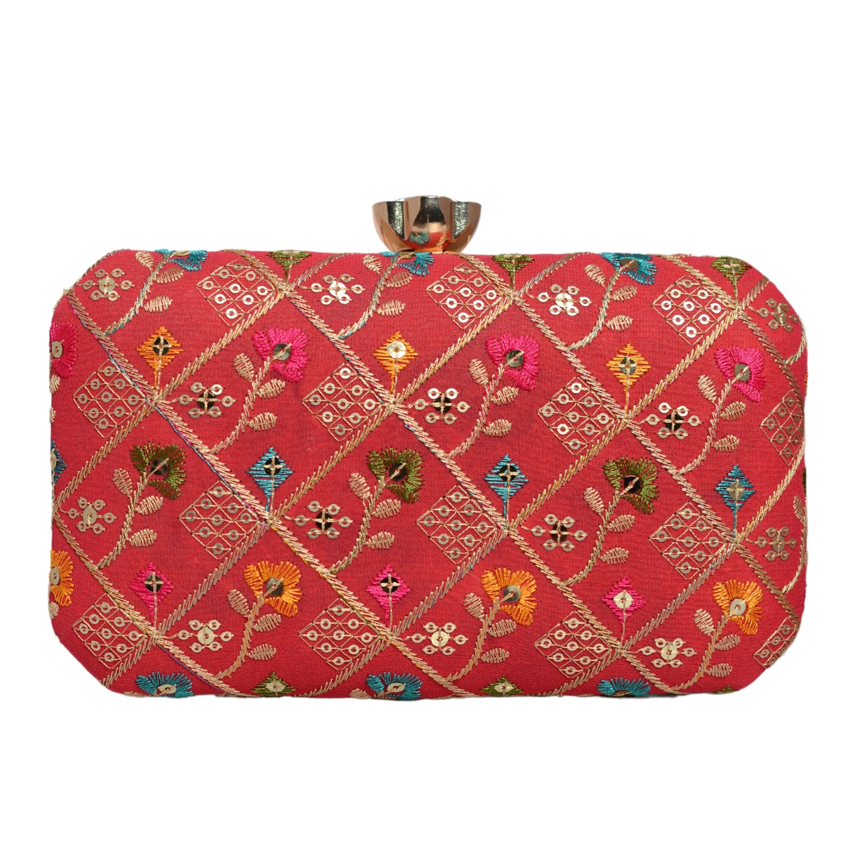 Red Sequins Floral Embroidery Party Clutch