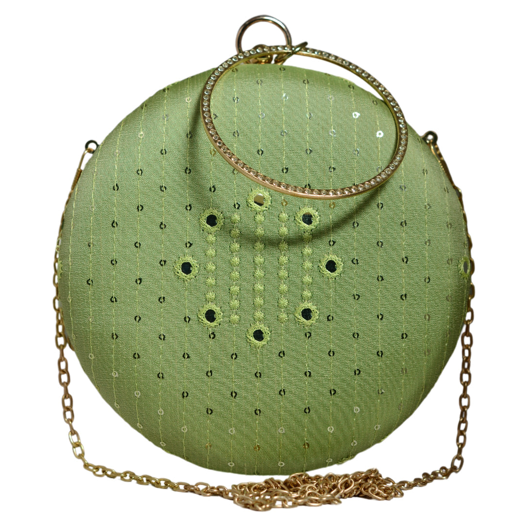 Green Sequins And Thread Embroidery Round Clutch