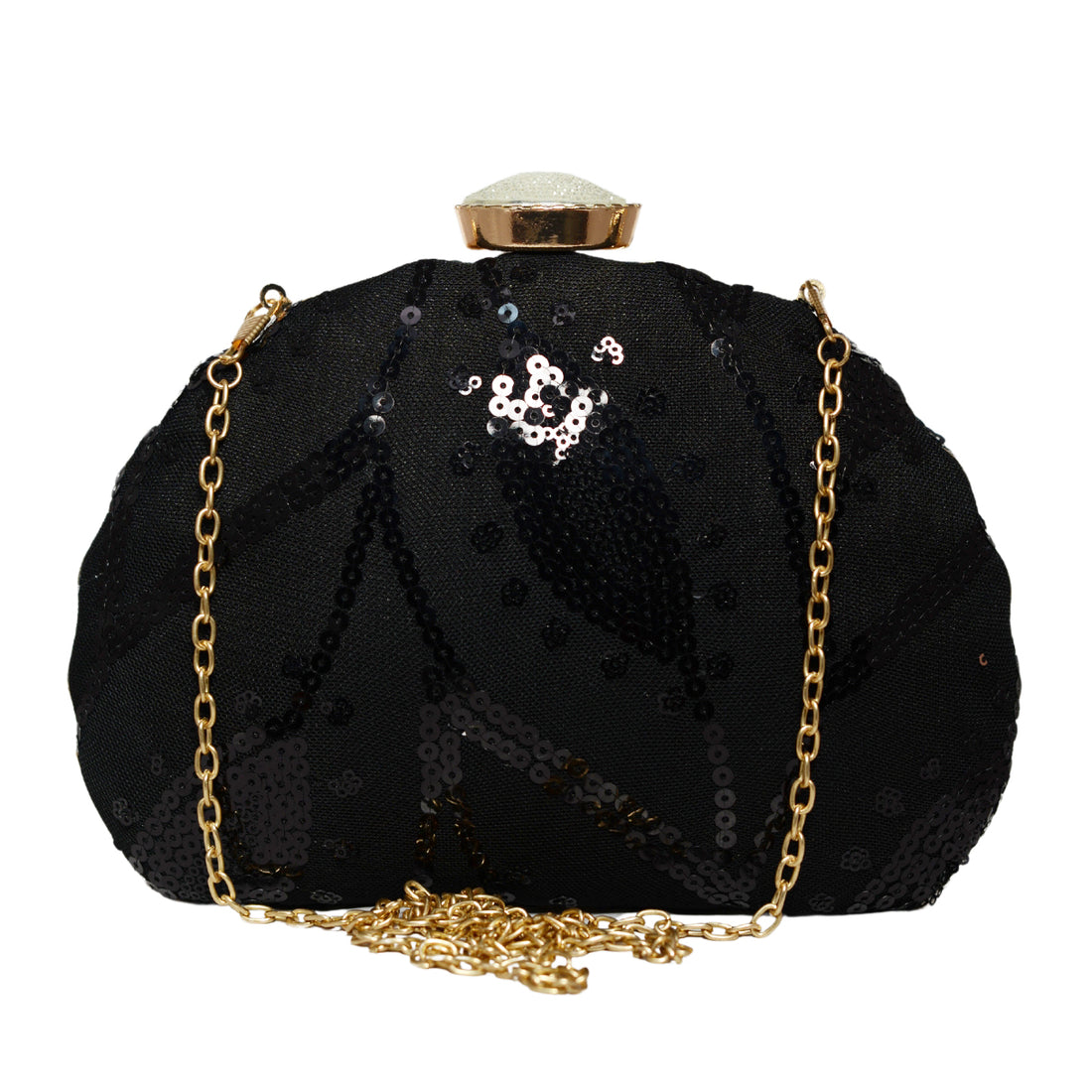 Black Leaf Pattern Sequins Embroidery Clutch