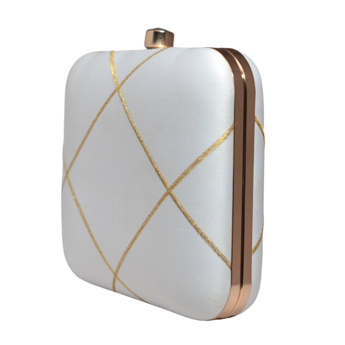 White And Golden Checks Embroidery Clutch