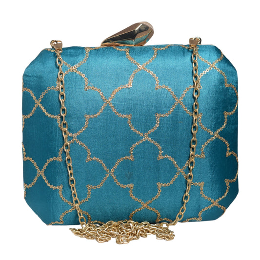 Blue Sequins Floral Checks Embroidery Clutch