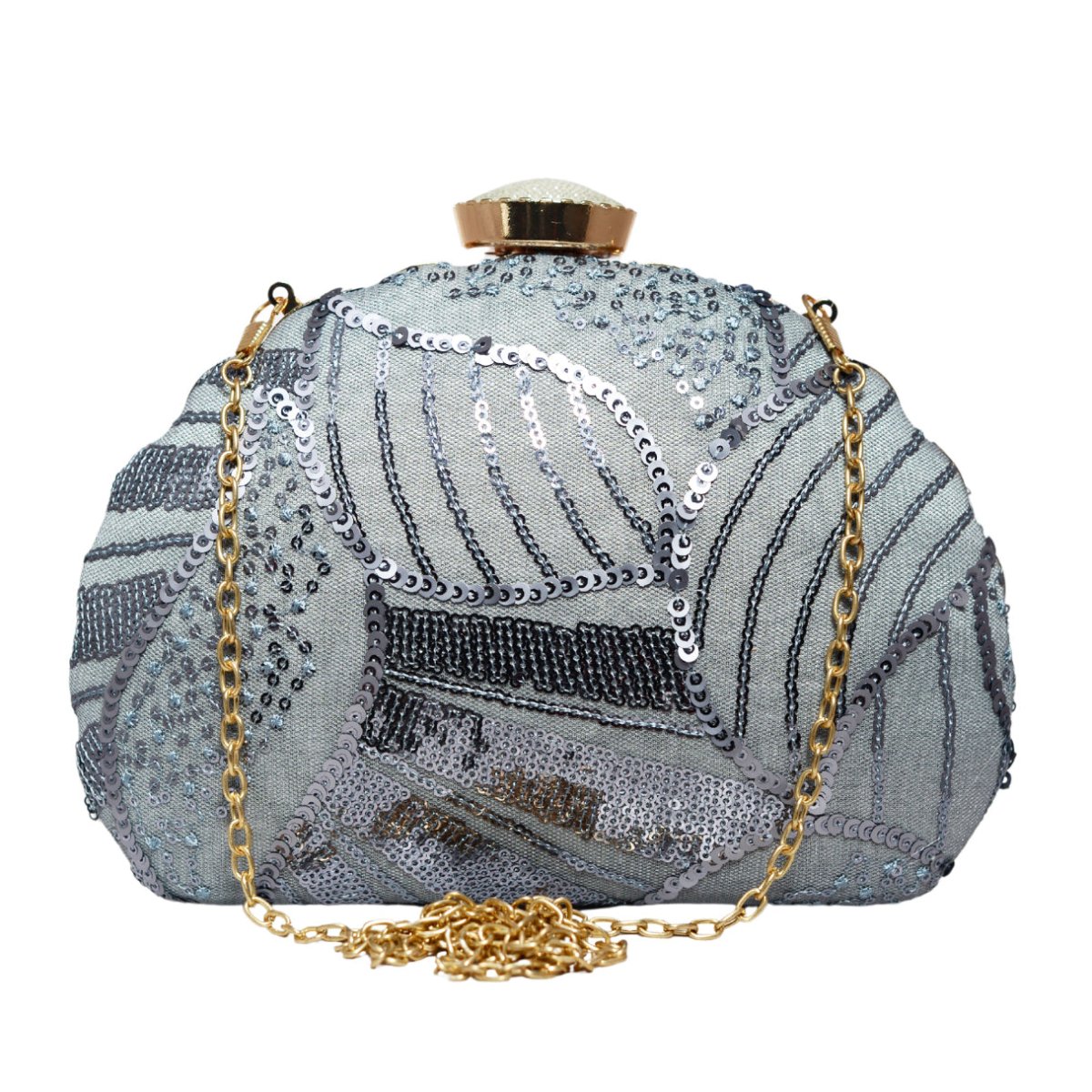 Grey Sequins Embroidery Half Moon Clutch