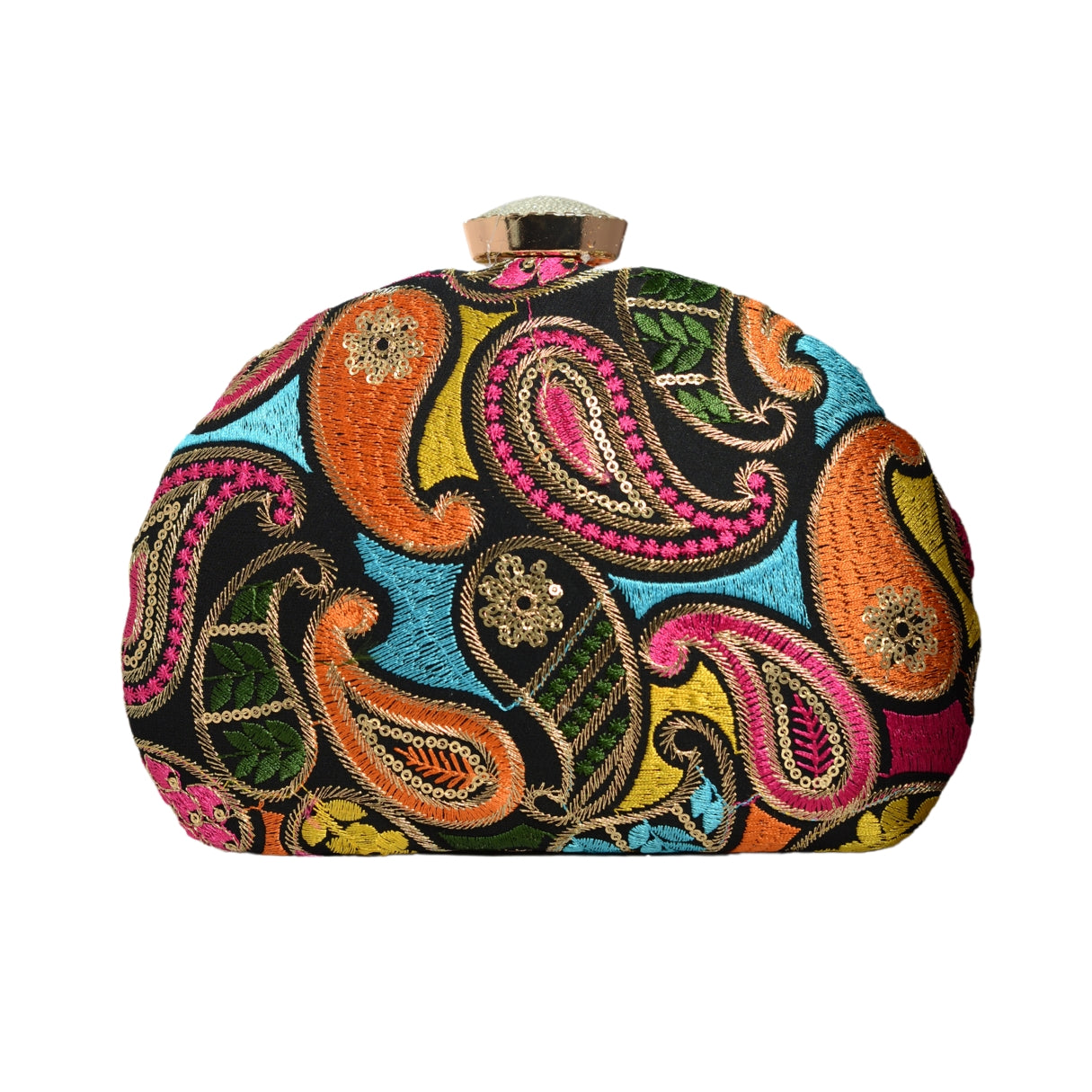 Multicolor Thread Embroidery Half Moon Clutch