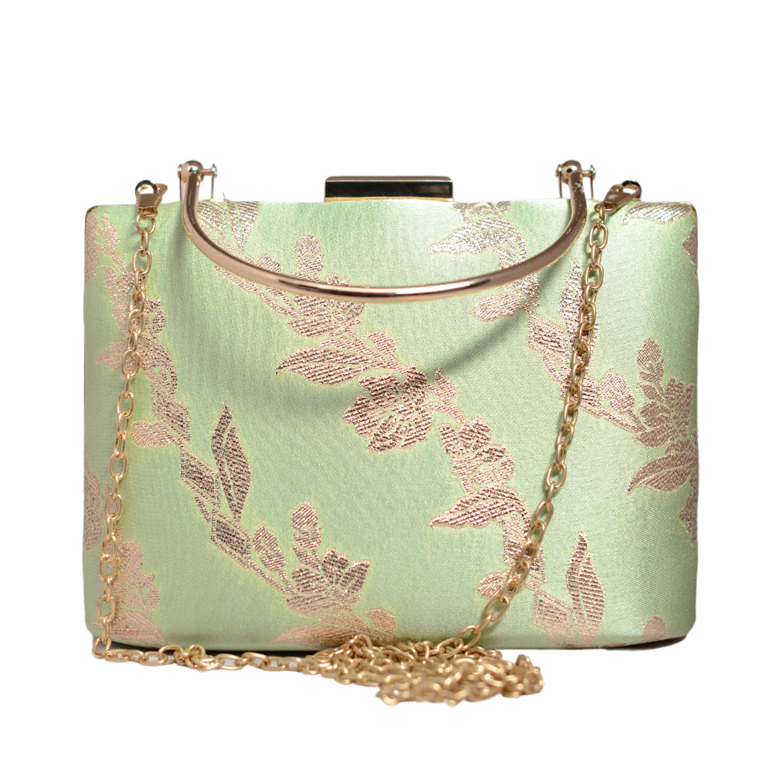 Green And Golden Floral Brocade Party Clutch