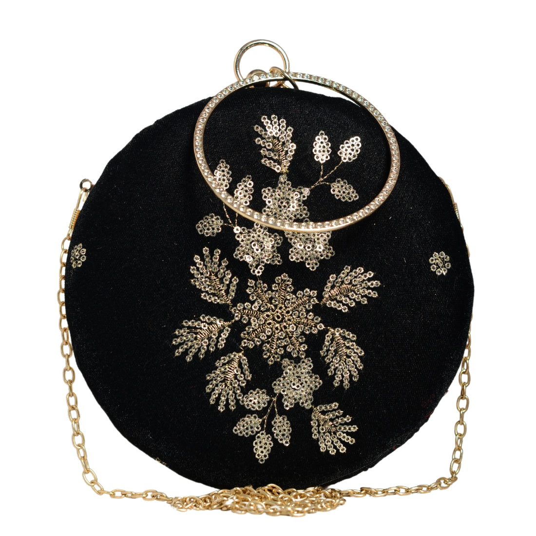 Black Floral Sequins Embroidery Round Clutch