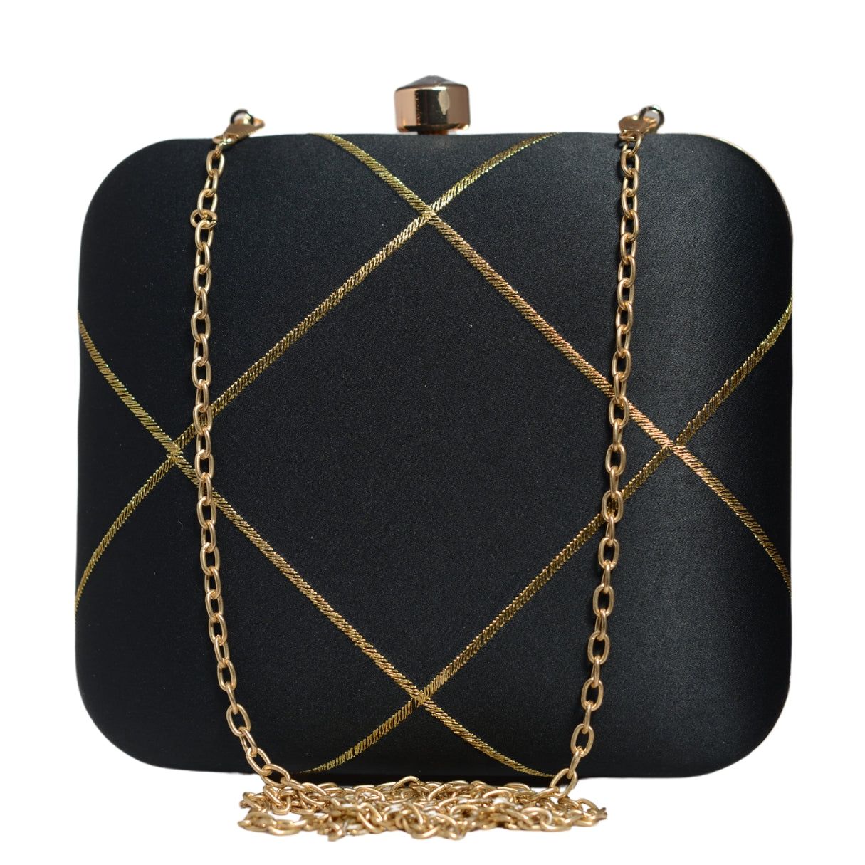 Black And Golden Checks Embroidery Clutch